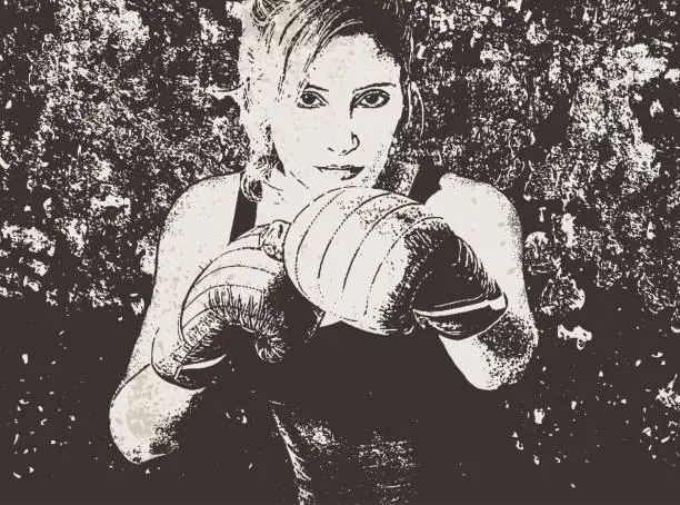 Vector illustration of Boxing woman over a textured black and white background