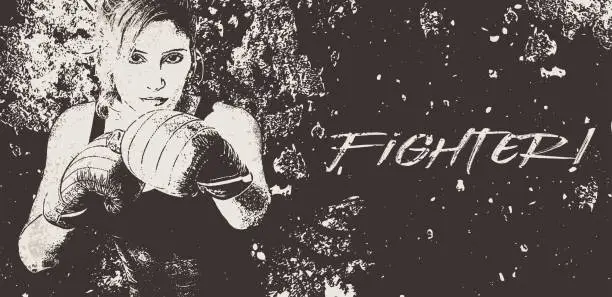 Vector illustration of Boxing woman banner - textured black and white background