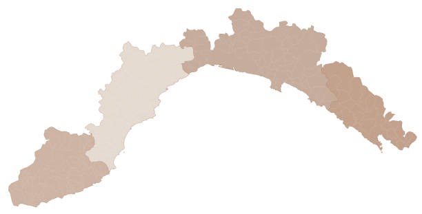 Liguria map, division by provinces and municipalities. Italy Liguria map, division by provinces and municipalities. Closed and perfectly editable polygons, polygon fill and color paths editable at will. Levels. Political geographic map. Italy spezia stock illustrations
