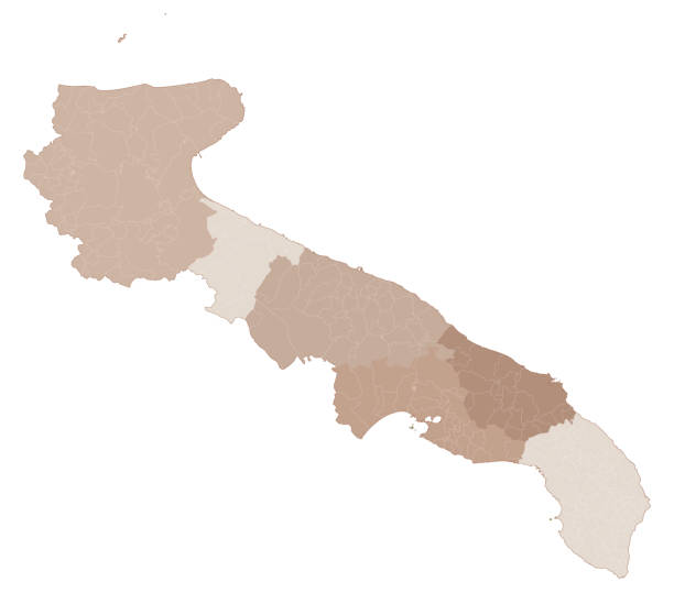 Puglia map, division by provinces and municipalities. Italy Puglia map, division by provinces and municipalities. Closed and perfectly editable polygons, polygon fill and color paths editable at will. Levels. Political geographic map. Italy lecce stock illustrations
