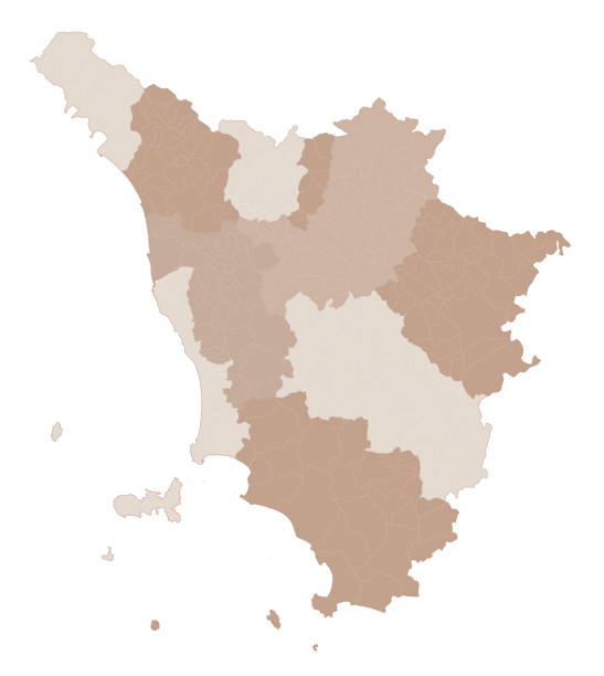 Tuscany map, division by provinces and municipalities. Italy Tuscany map, division by provinces and municipalities. Closed and perfectly editable polygons, polygon fill and color paths editable at will. Levels. Political geographic map. Italy arezzo stock illustrations