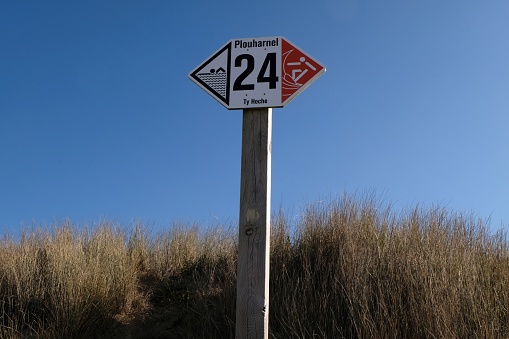 Sign on the beach of Ty Hoche in Plouharnel indicating the sides reserved for swimmers and surfers
