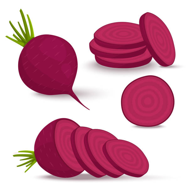 illustrazioni stock, clip art, cartoni animati e icone di tendenza di barbabietole vettoriali isolate su sfondo bianco. barbabietole rosse intere, metà e fette tagliate. un set di barbabietole fresche in diverse forme. - beet common beet isolated red