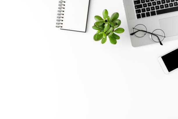 istock Business accessories isolated on white background with copyspace. Office desktop. Top view 1304552486