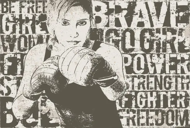 Vector illustration of Boxing woman over empowering words