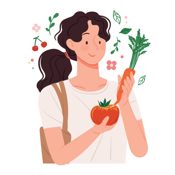 한 여성이 친환경 농산물을 살펴봅니다. - multi colored vegetable tomato homegrown produce stock illustrations