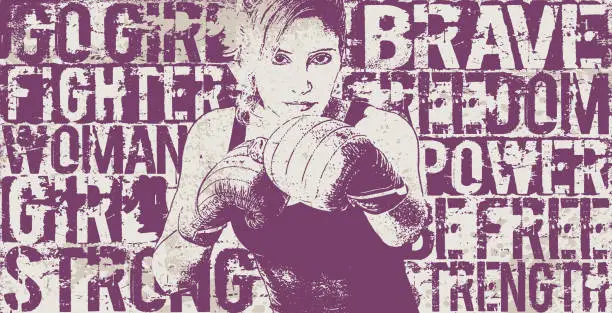 Vector illustration of Boxing woman over empowering words - banner