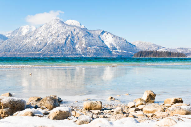 Snow capped Mountain at a icy mountain lake