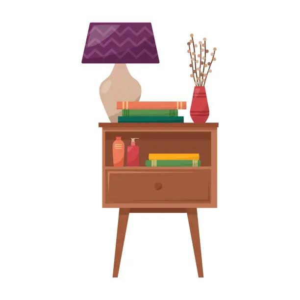 Vector illustration of Bedside table with lamp, books, vase with dried flowers, cream for hand and face, vector illustration