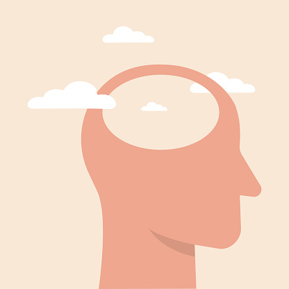 Empty head icon. illustration of stupid, foolish and empty-headed person. Head silhouette with white clouds as a concept for positive thinking. Vector illustration.
