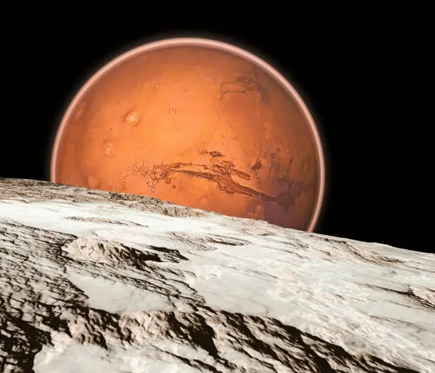 View of Mars seen from Phobos, Deimos the two moons of Mars, natural satellites orbiting the Red Planet. Exploration. Discoveries. 3d render. Element of this image are furnished by Nasa