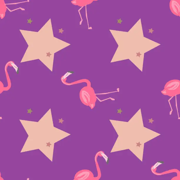 Vector illustration of ПечатьSeamless pattern with pink flamingos and stars on a lilac background