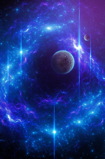 High resolution poster size 3D rendered galaxy space scene with planets. Used Cinema4D and Adobe Photoshop for generating planet and star field. Used for free or commercial usage texture from Solar System Scope site. Link is : https://www.solarsystemscope.com/textures/download/2k_haumea_fictional.jpg