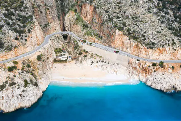 Aerial view of Kaputas (Kaputaş) Beach in Kas (Kaş) Antalya, Turkey. Taken via drone