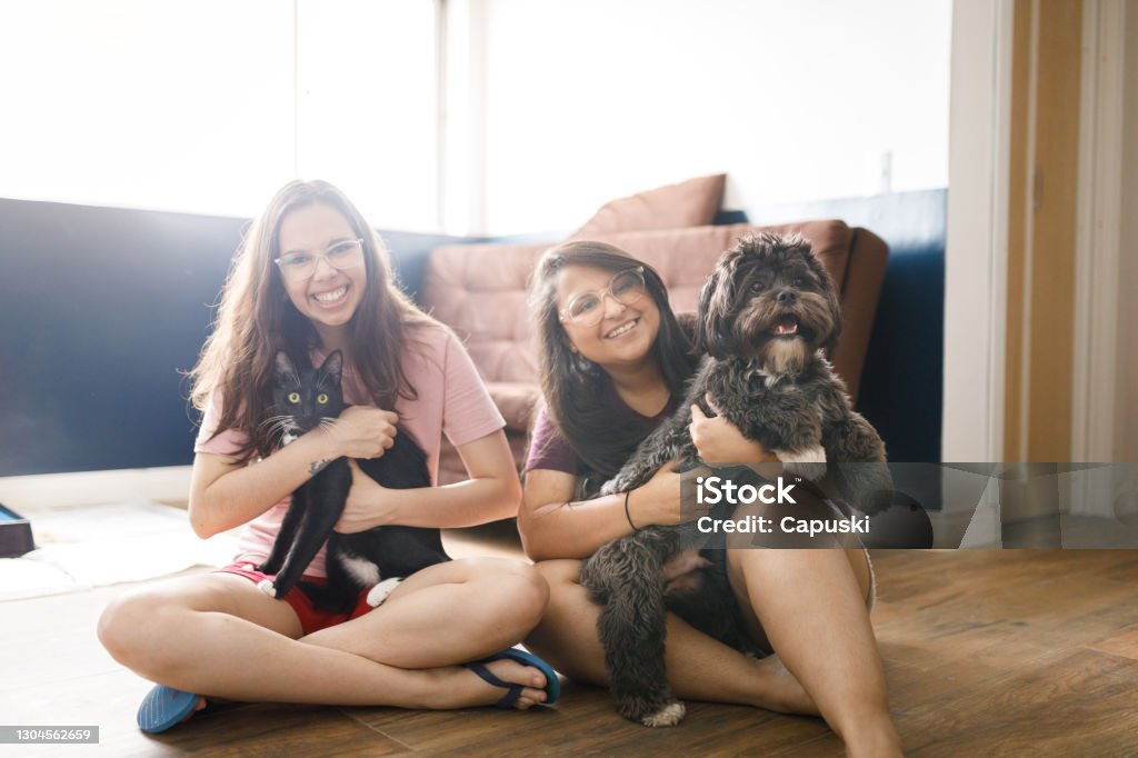 Portrait of two smiling young women sitting on living room floor holding a cat and a dog Portraits of women and pets Domestic Cat Stock Photo