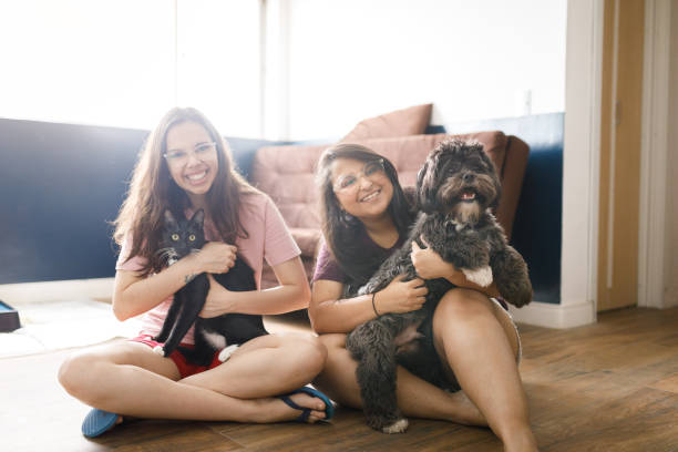 retrato de duas jovens sorridentes sentadas no chão da sala segurando um gato e um cachorro - lhasa apso - fotografias e filmes do acervo