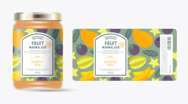 Label and packaging of exotic fruit marmalade. Jar with label. Text in frame with stamp (sugar free) on seamless pattern with fruits, slices and leaves. mango jam stock illustrations