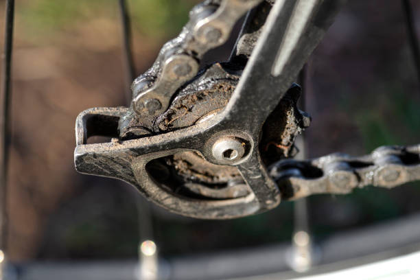istock Small gear from the rear bicycle derailleur, smeared with grease, the bicycle chain is visible. 1304568412
