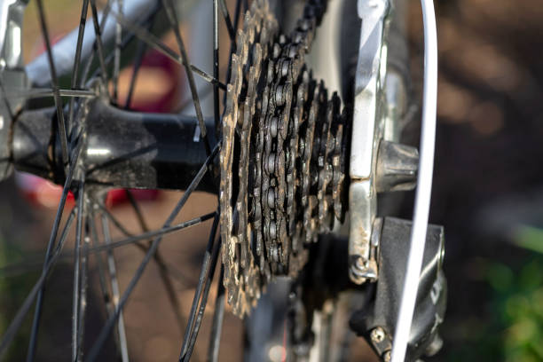 istock Sprocket and chain dirty with grease, visible wheel hub and derailleur. 1304568424