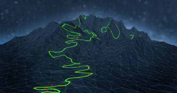 웨이포인트가 있는 산을 가로지르는 구불구불한 하이킹 트레일 개요 - 3d 일러스트레이션 - topographic map compass map chart 뉴스 사진 이미지