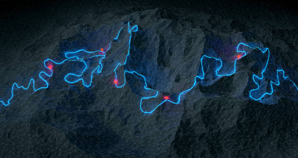 istock Overview of a winding hiking trail through the mountains with waypoints - 3d illustration 1304568540