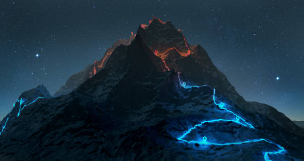 panoramica di un tortuoso sentiero escursionistico attraverso le montagne con waypoint - illustrazione 3d - guising foto e immagini stock