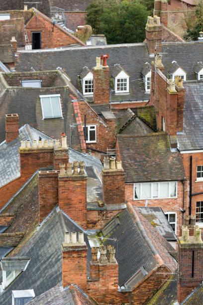 istock Rooftops viewed from above, old UK houses 1304570743