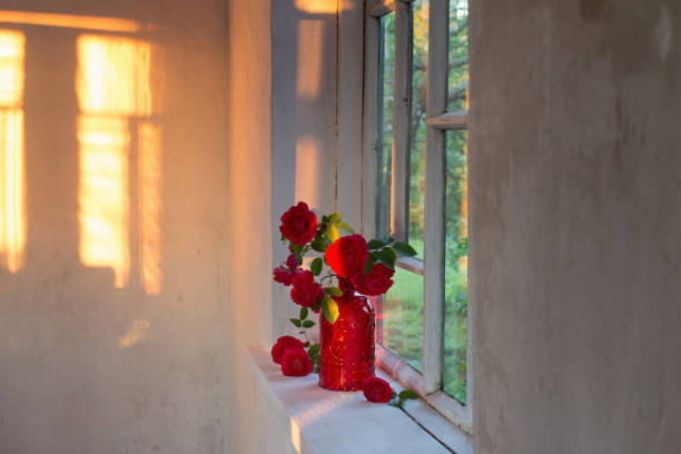 istock red roses in red glass vase on windowsill 1304570955