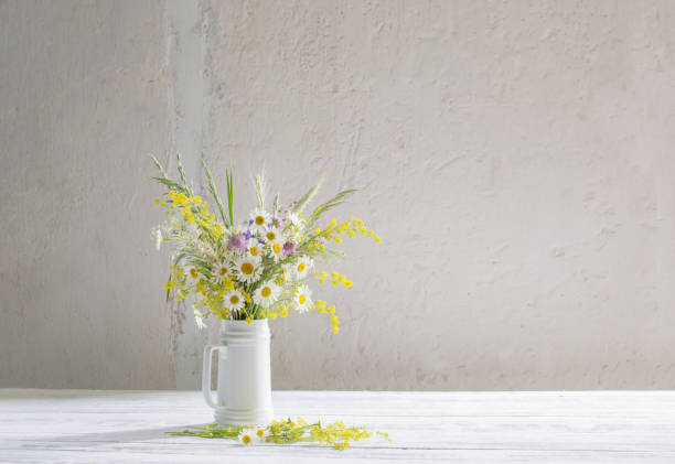 flowers in white jug on white background