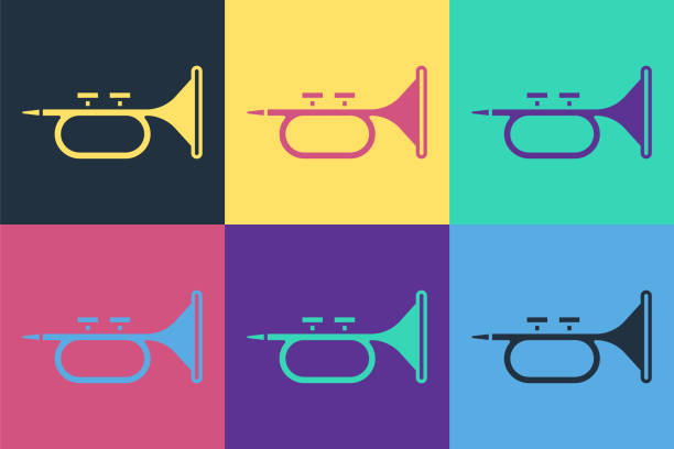 ポップアート楽器トランペットアイコンは、色の背景に分離されています。ベクトル - trumpet musical instrument bugle isolated点のイラスト素材／クリップアート素材／マンガ素材／アイコン素材