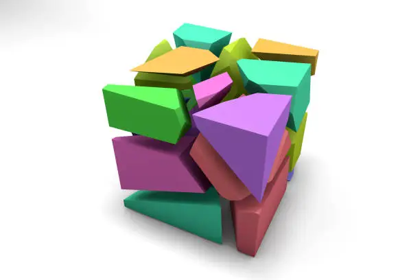 A colored abstract object in the form of a cube formed by the combination of broken pieces. Conjoined Color Cube. New generation puzzle cube.