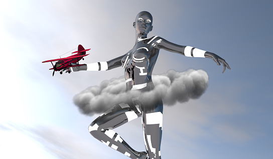 The giant digital robot is dancing in the sky with the plane it is holding. This is a dream. New generation video game scene. A new kind of storyboard.