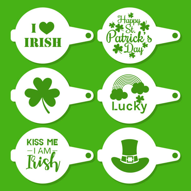 Collection of Patrick's Day coffee stencils for drawing picture on macchiato, cappuccino, latte. Сlover, rainbow, hat. Collection of Patrick's Day coffee stencils for drawing picture on macchiato, cappuccino, latte. Сlover, rainbow, hat. Silhouettes template for laser, cutting. food sample cups stock illustrations