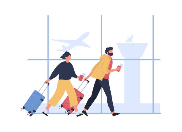 Couple hurrying to boarding flight, run with tickets and luggage Couple hurrying to boarding flight, run with tickets and luggage. Woman and man hurry to flight with luggage, tourist departure. Vector illustration progress window stock illustrations