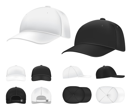 Baseball cap. Black and white blank sports uniform headwear in side, front and back view template. Isolated vector hat mockups. Illustration hat baseball black and white isolated