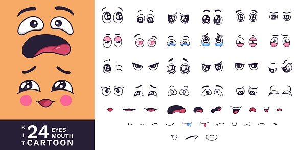 Cartoon faces kit. Funny characters eyes and mouths with various expressions. Love and fear, angry and laugh, smile and sad vector cartoon. Eye and smile facial, personage kawaii emoticon illustration