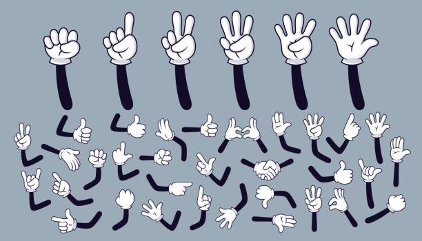 ilustrații de stoc cu mâini de desene animate. brațe comice cu patru și cinci degete în mănușă albă, cu diverse gesturi, părți ale corpului personajelor de desene animate. set vectorial izolat - deget de la mână