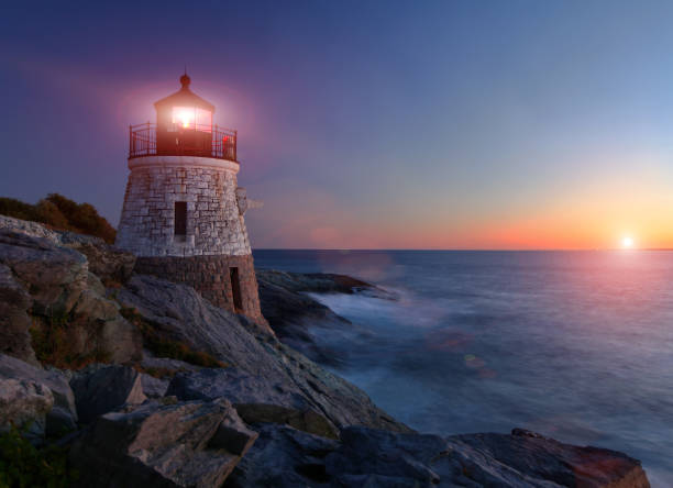Castle Hill lighthouse Castle Hill lighthouse at sunset with light effect lighthouse stock pictures, royalty-free photos & images