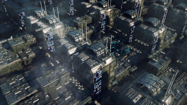istock 3d rendering. Futuristic city and spaceships 1304574043