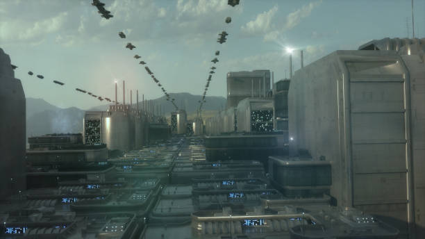 istock 3d rendering. Futuristic city and spaceships 1304574824