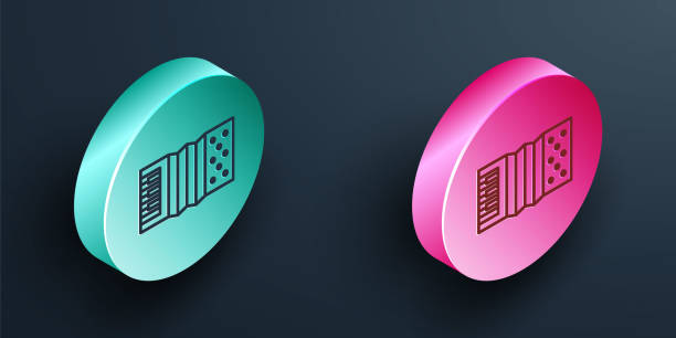 istock Isometric line Musical instrument accordion icon isolated on black background. Classical bayan, harmonic. Turquoise and pink circle button. Vector 1304576598