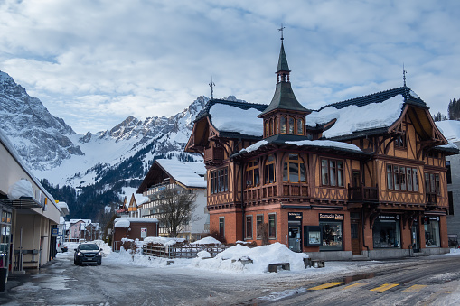 Engelberg, Switzerland - January 21, 2021: Historic building in the old part of the Swiss winter resort of Engelberg