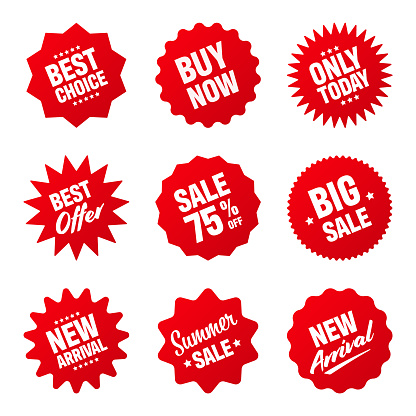 Realistic red tilted price tags collection. Special offer or shopping discount label. Retail paper sticker. Promotional sale badge. Vector illustration