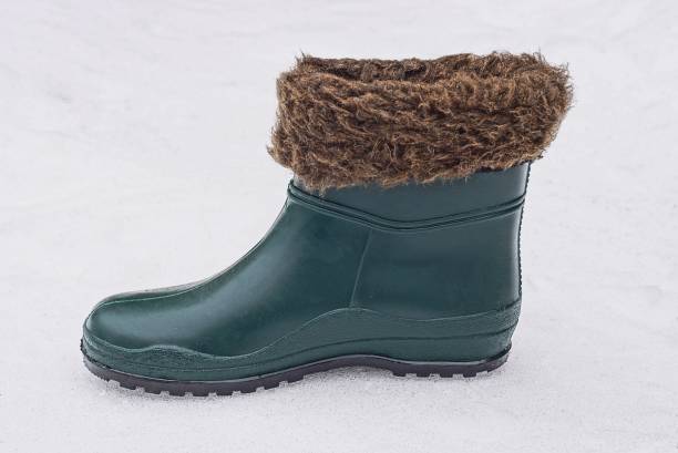 istock one green rubber boot with brown fur lining 1304577740