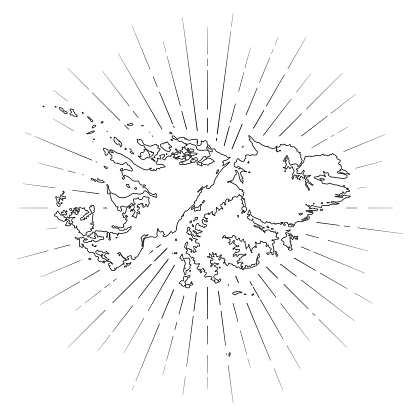 Map of Falkland Islands created with a thin black outline and  light rays. Trendy and modern illustraion isolated on a blank background. Vector Illustration (EPS10, well layered and grouped). Easy to edit, manipulate, resize or colorize.