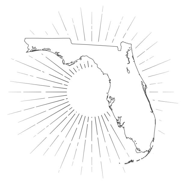 Florida map with sunbeams on white background Map of Florida created with a thin black outline and light rays. Trendy and modern illustraion isolated on a blank background. Vector Illustration (EPS10, well layered and grouped). Easy to edit, manipulate, resize or colorize. jacksonville symbol stock illustrations