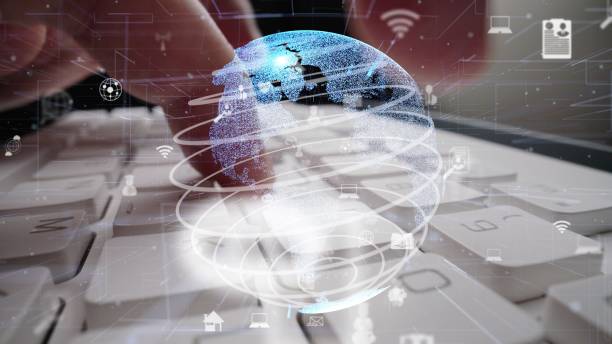 istock Man working on computer keyboard with graphic of internet networ 1304582722