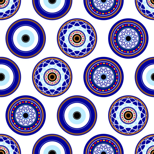 ilustrações de stock, clip art, desenhos animados e ícones de seamless pattern with turkish evil eye bead. good luck. turkish tile. oriental ottoman design vector background. perfect for wallpapers, pattern fills, web page backgrounds, surface textures, textile - evil eye beads