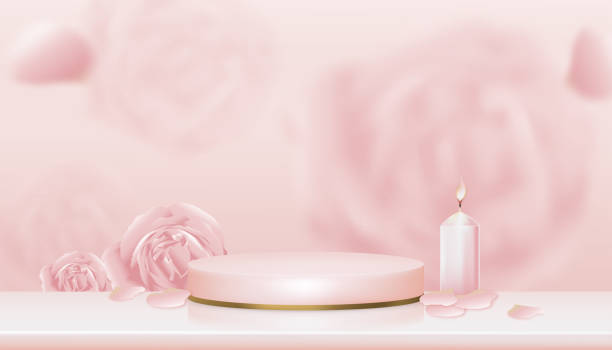 istock 3D Showcase display English rose, candle with pink and yellow gold stand,Vector Realistic podium on blurry spring flower background, illustration showcase mock up for cosmetic products 1304583146