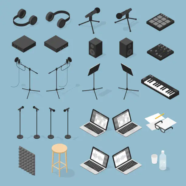 Vector illustration of Sound Production Isometric Objects Set